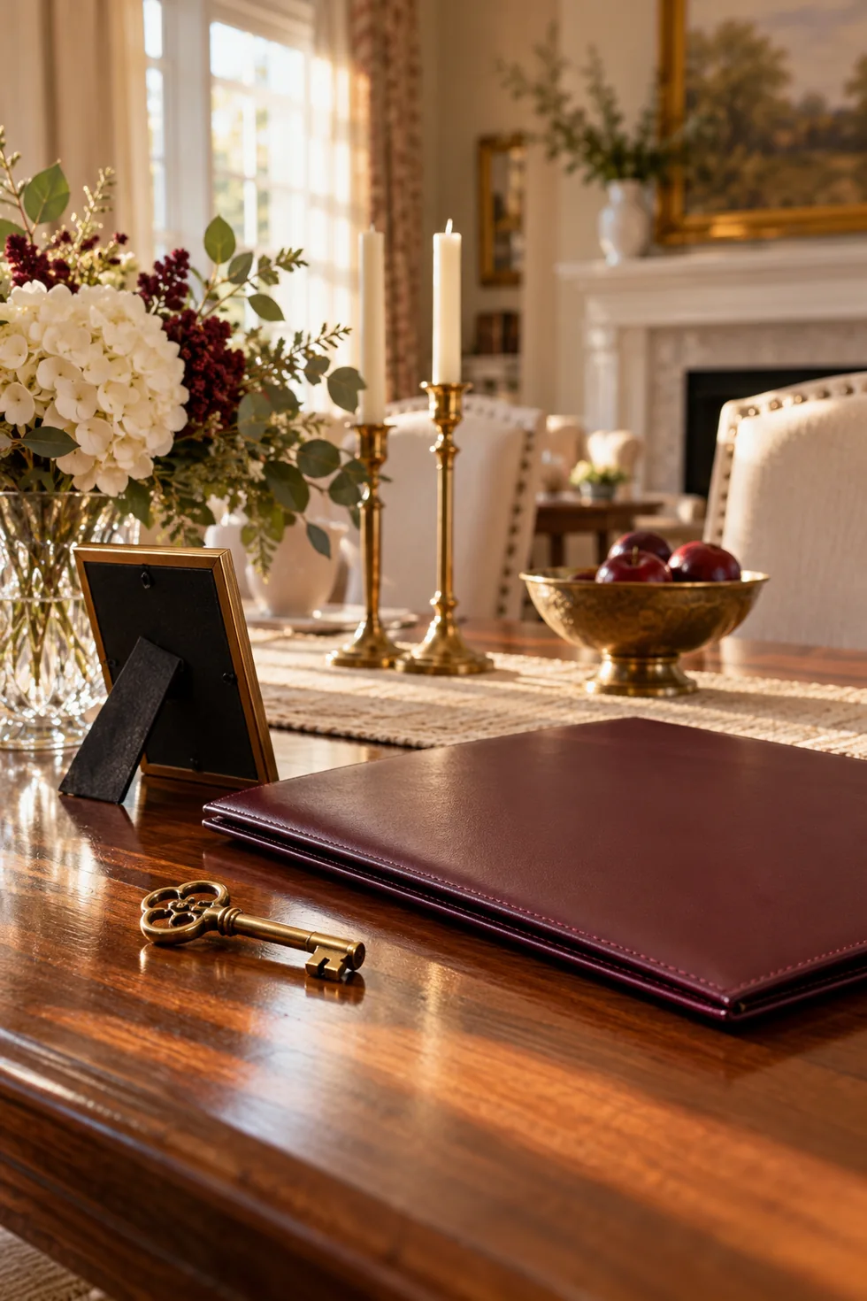 Llave y carpeta sobre una mesa familiar